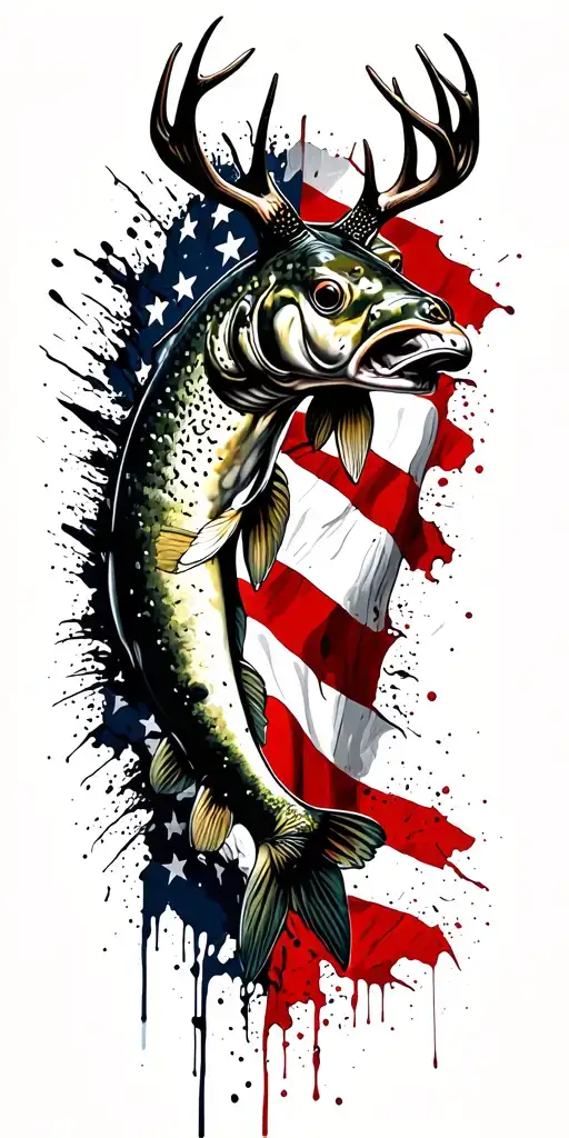 Mountains Buck Trout American Flag Intertwined