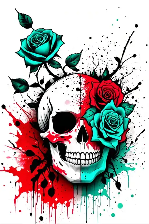 Teal Rose With Vine Intertwined With Half Skull Face