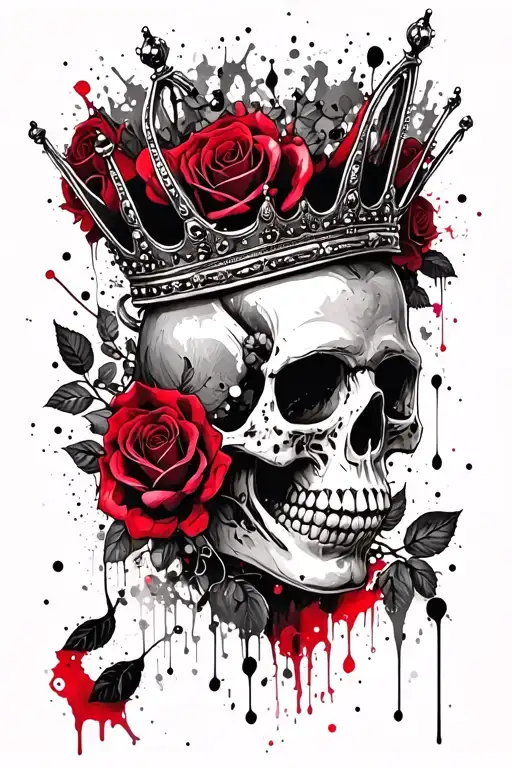 Skull Wearing A Crown With Roses Surrounding Black And Grey