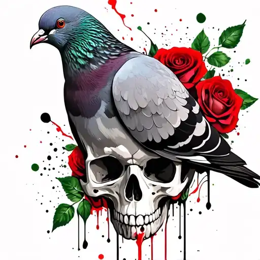 Pigeon Sitting On Skull With Roses