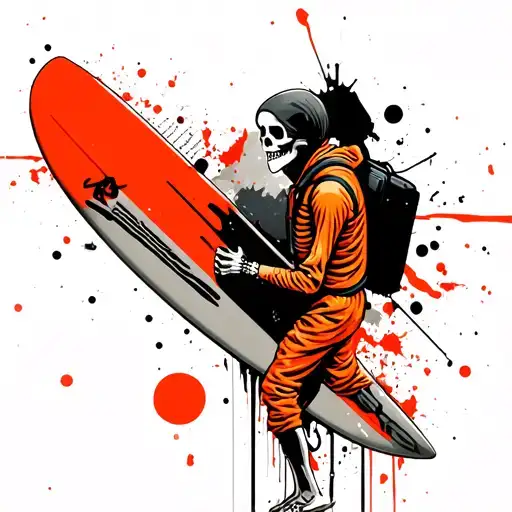 Surfing Skeleton In Orange Jumpsuit And A Black Headsack