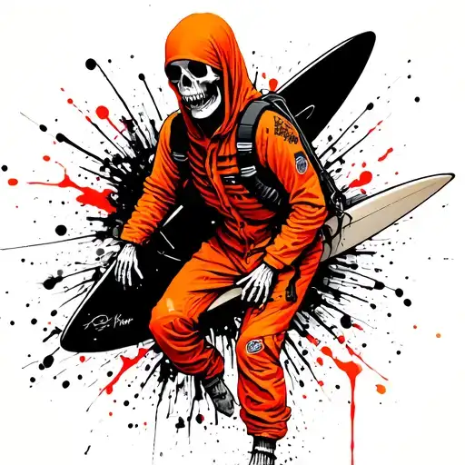 Surfing Skeleton In A Orange Jumpsuit And A Black Headsack