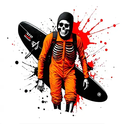 Surfing Skeleton In A Orange Jumpsuit And A Black Headsack