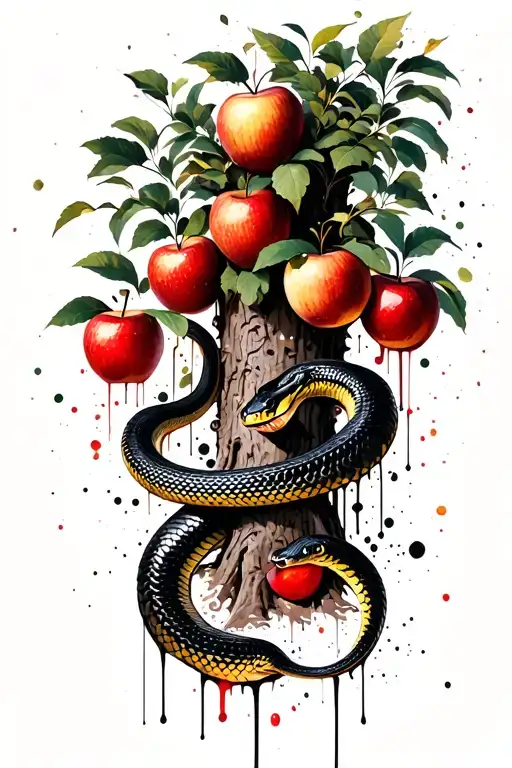 A Snake Is Coiled Around The Trunk Of The Garden Of Eden Tree With Apples