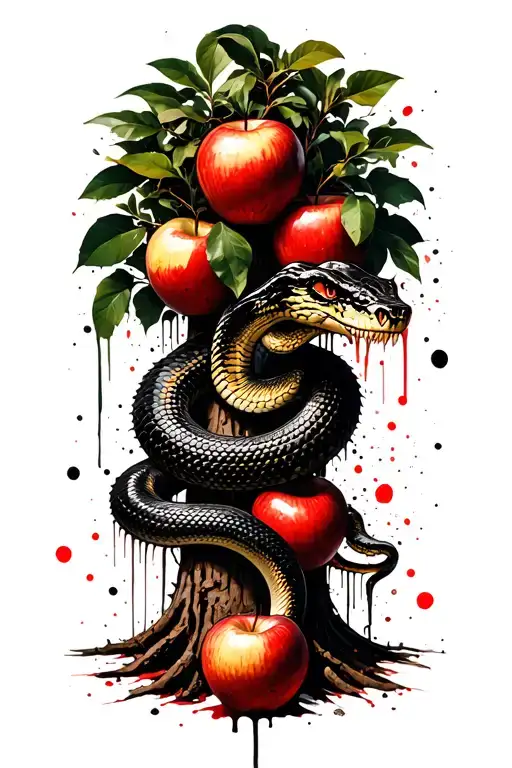 A Cobra Is Coiled Around The Trunk Of The Garden Of Eden Tree With Apples