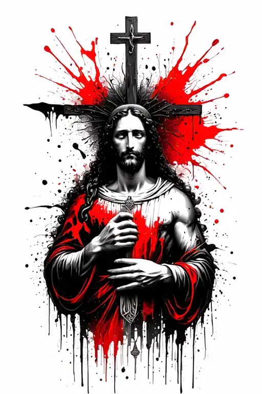 A Saint Holding A Cross That Extends About His Head And Shadows