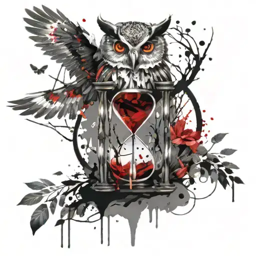 Hourglass With An Owl Sitting In The Forest And Lightning