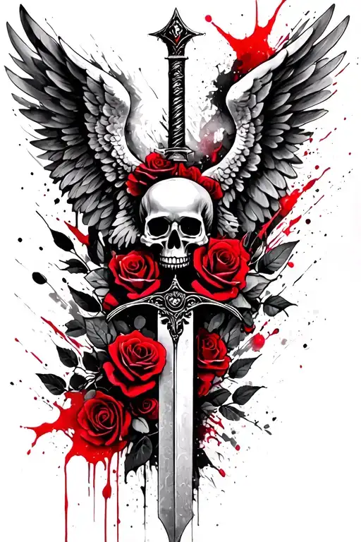 Fallen Angel Wings Skull Roses Sword