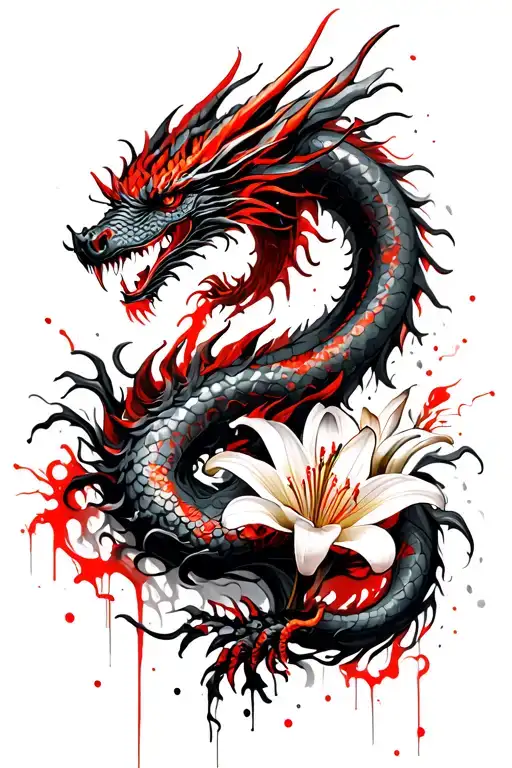 Dragon With Lily Flower Inkbrush With Phoenix In The Background