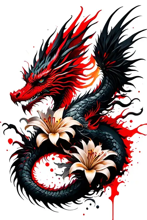 Dragon With Lily Flower And Phoenix