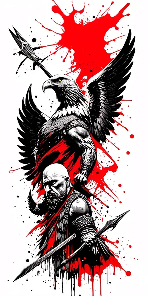 Viking With Wings With A Spear And Bald Eagle