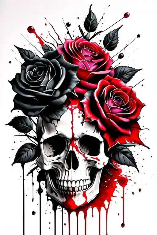 Three Black And Iridescent Roses Intertwined Around A Bloody Broken Skull