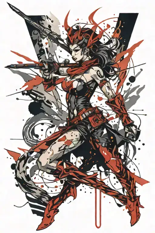 Woman Sagittarius Warrior Full Body Fire Profile Chaligraphic