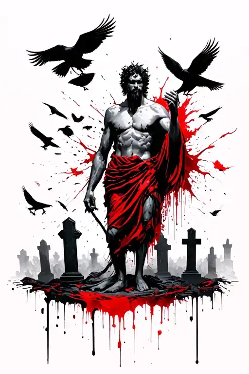 Dark Greek God Erebus Over Looking A Graveyard Filled With Crows