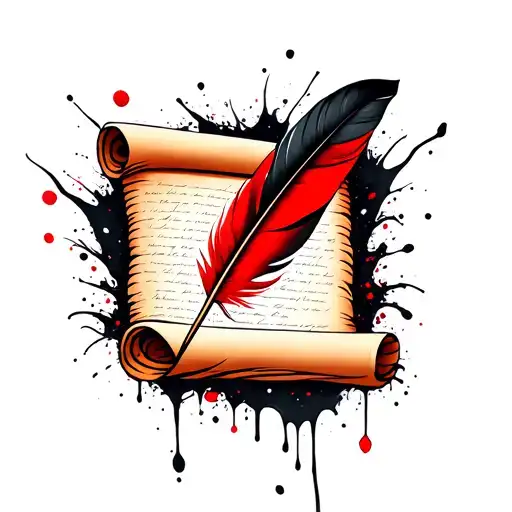 Feather Quill Pen Writing On A Scroll Document