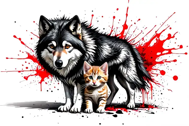 Wolf Standing Protecting Kitten