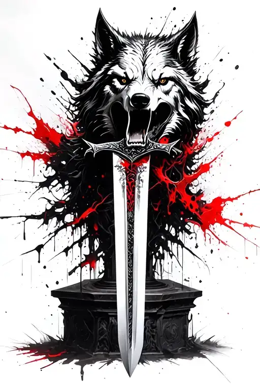 Beksinski Giger Wolf Head Sword Through Mouth On Pedestal