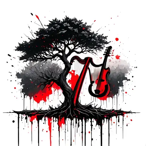 Poplar Tree With Harps Hanging On The Branches Stretching Towards