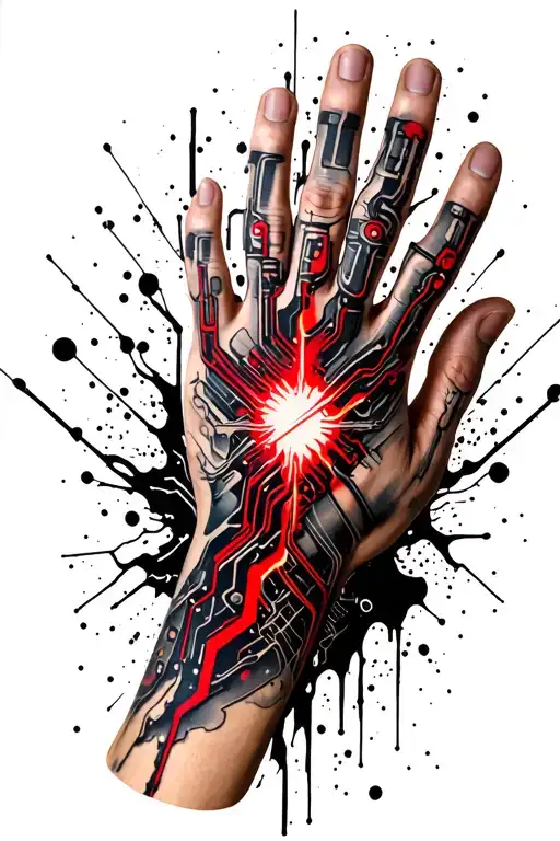 Hand And Arm Tattoo Depicting Circuits And Bio Mechanical Style Lighting Blended Together