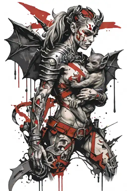 Female Gargoyle Warrior With Her Baby