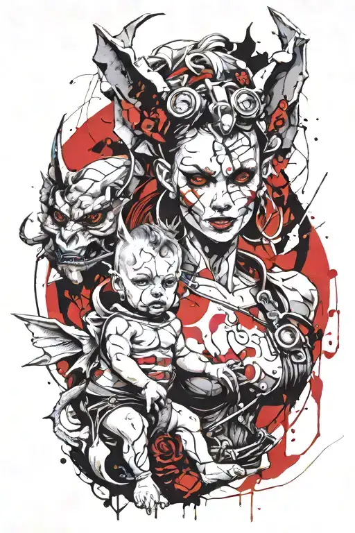 Female Gargoyle Warrior With Her Toddler