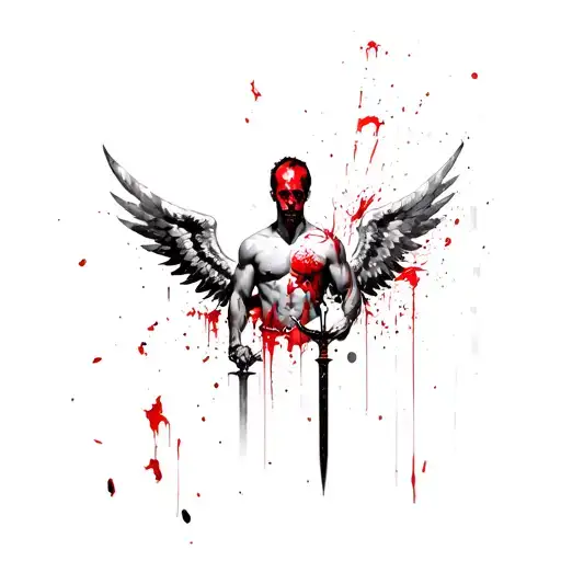 A Man With Wings And A Sword On His Chest In Bloody Background