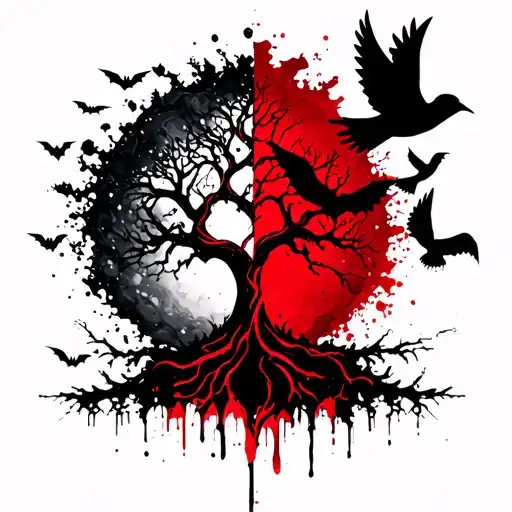 Half Poison Tree Half Tree Of Life With Bats And Doves