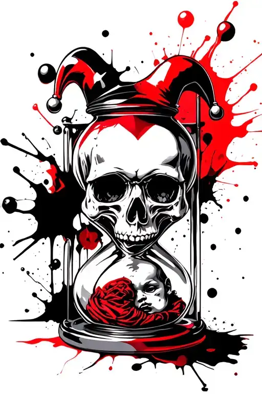 Jester Skull In Hourglass Over Baby Fetus