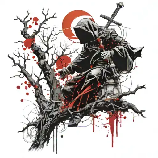 The Reaper Up Side The Tree And Jesus Kneeling In A Cemetery