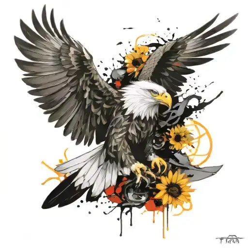 A Fierce Eagle Soaring Through The Sky With A Background Of Sunflowers And Fighter Jets