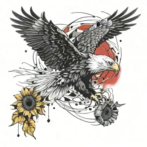 A Fierce Eagle Soaring Through The Sky With A Background Of Three Sunflowers