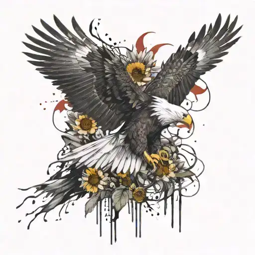 A Fierce Eagle Soaring Through The Sky With A Background Of Three Sunflowers