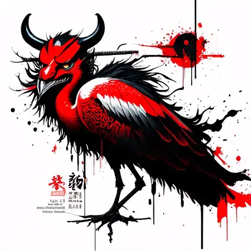 Yellow Crane With Fused Skewers With A Japanese Demon Mask