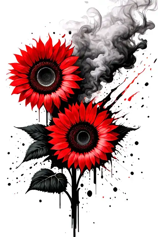 Two Sunflowers Facing Each Other That Are On Fire And Their Smoke And Ash Are Fading Away
