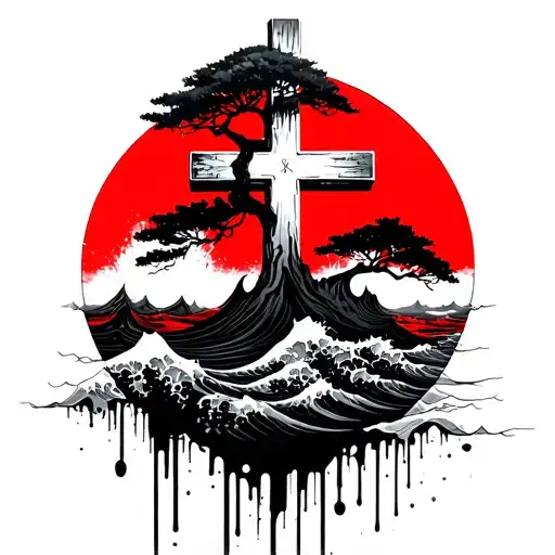 Bonsai Tree Growing Around A Cross With Tall Waves Surrounding It