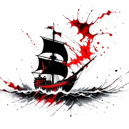 Black Pirate Ship Sailing Through Stormy