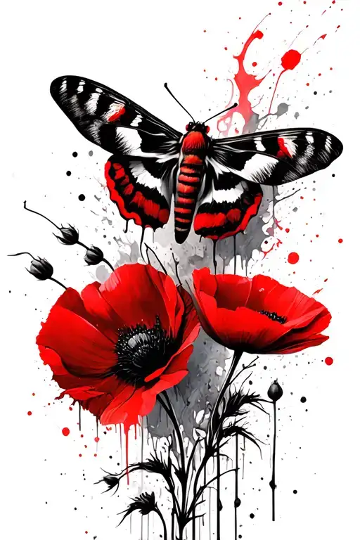 In The Middle Of The Picture There Will Be A Moth Sitting On Wild Poppies