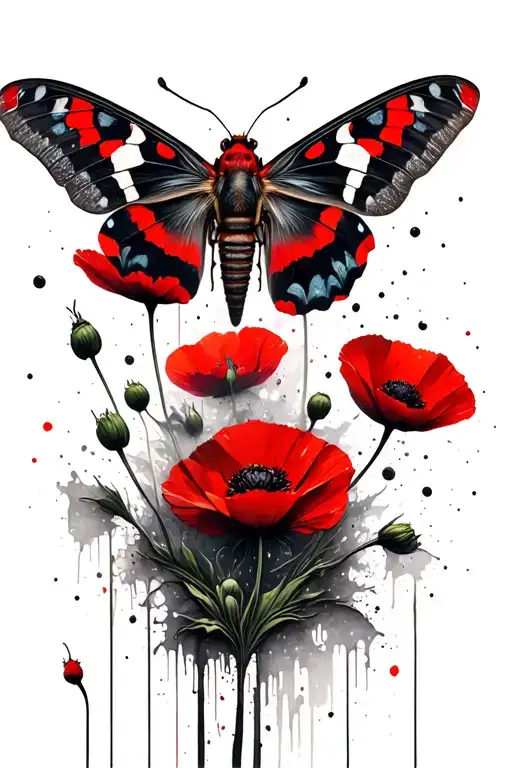 In The Middle Of The Picture There Will Be A Moth Sitting On 6 Wild Poppies