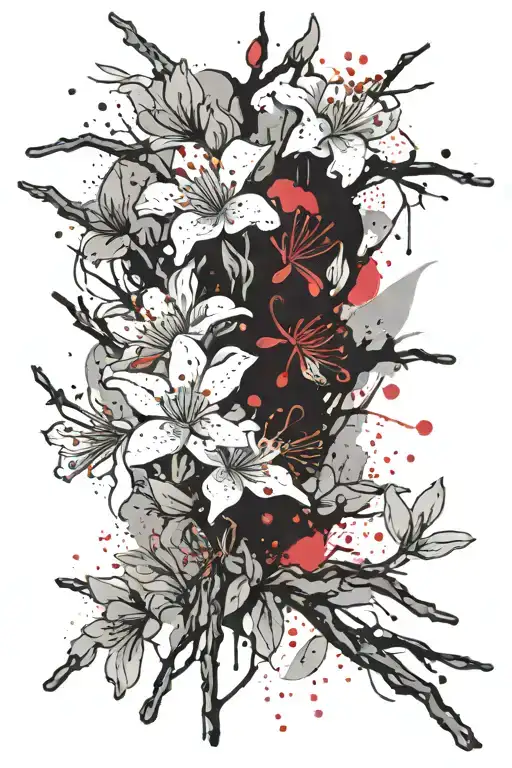 Chinese Cherry Blossoms Are Falling Down A Branch With Lilies Falling Too