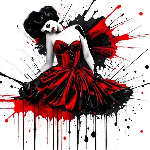 Alf-profile Portrait Of Cruella In Red-black Dress Melting Into Abstract Brushstrokes