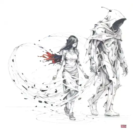 A Girl And A Shadpwy Reaper Walking Side By Side Holding Hands