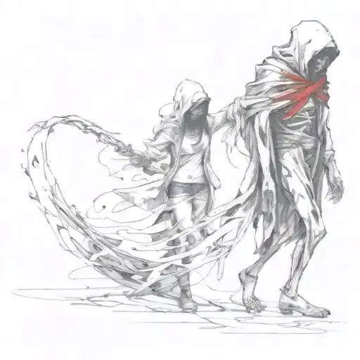 A Girl Leading A Showy Reaper By Holding His Hand