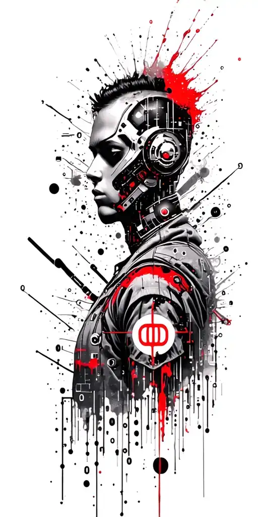 Cyberpunk-inspired Tattoo Featuring A Hacker Silhouette Surrounded By Binary Code Symbol Combined