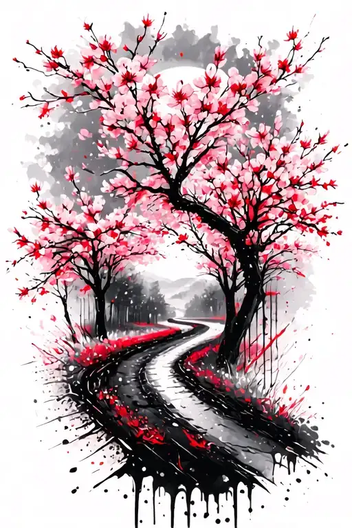 A Winding Road Surrounded By Cherry Blossom In Moonlight