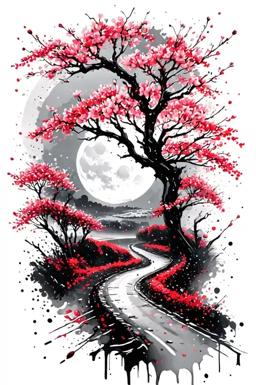 A Winding Road Surrounded By Cherry Blossom In Moonlight