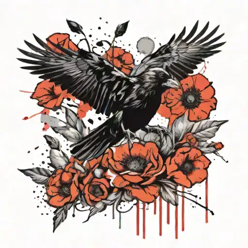 Raven Flying With Poppies