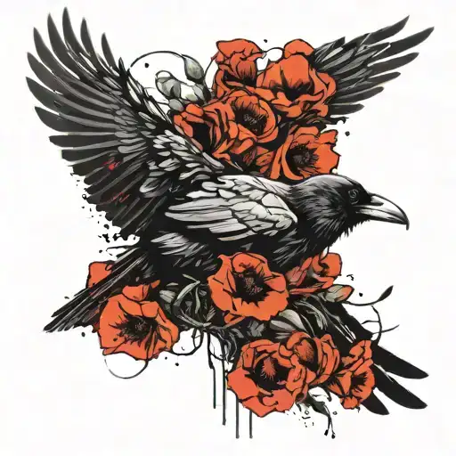 Raven Flying With Poppies