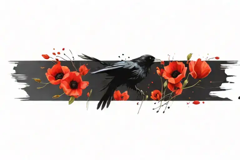 Raven Flying With Poppies
