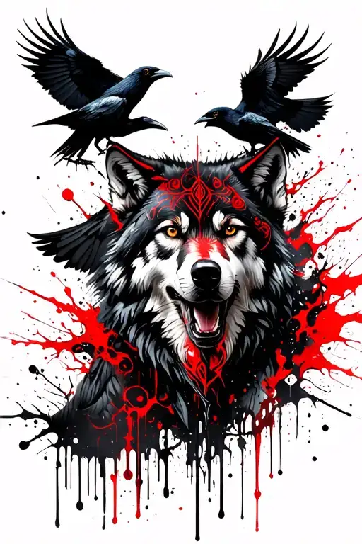 Norse Wolf And Two Ravens Huginn And Muninn