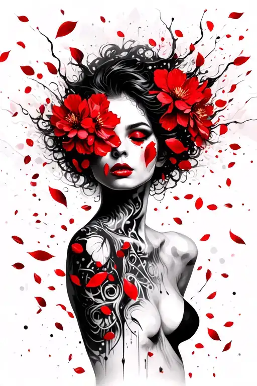 Sexy Female Face Covered In Blossom Petals Falling